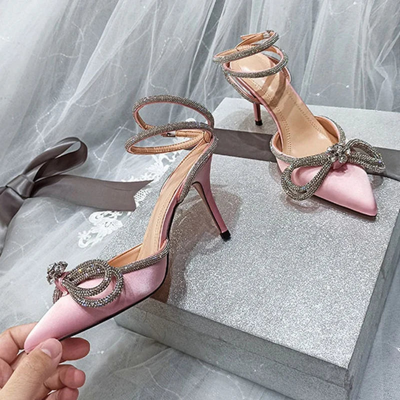 2026 New Fashion Glitter Rhinestones Women Pumps Crystal Bowknot Silk Pointed Toe Buckle Strap Thin High Heels