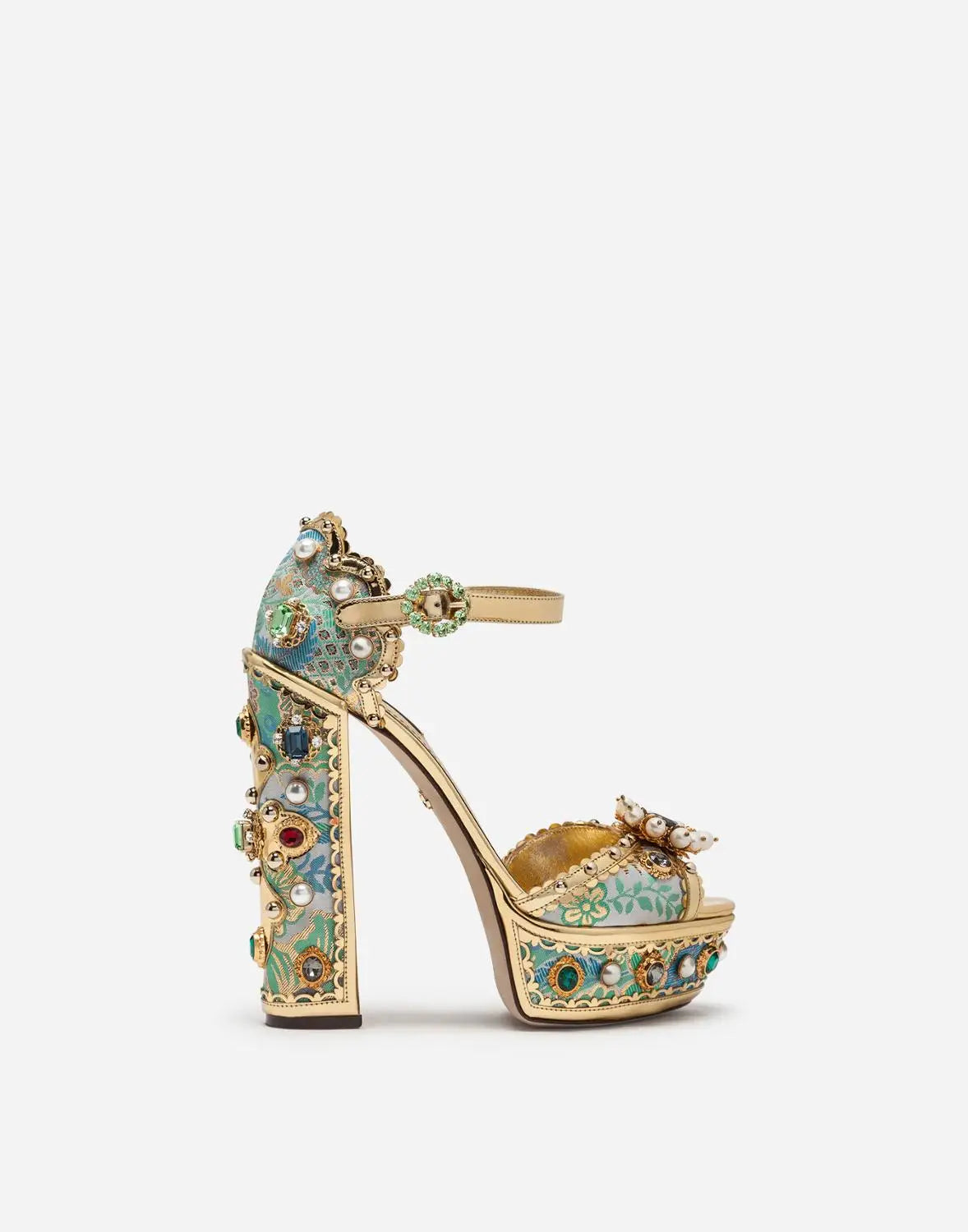 Crystal Jewelled Embroidery Platform Chunky Heels Rhinestone Pearl Luxury