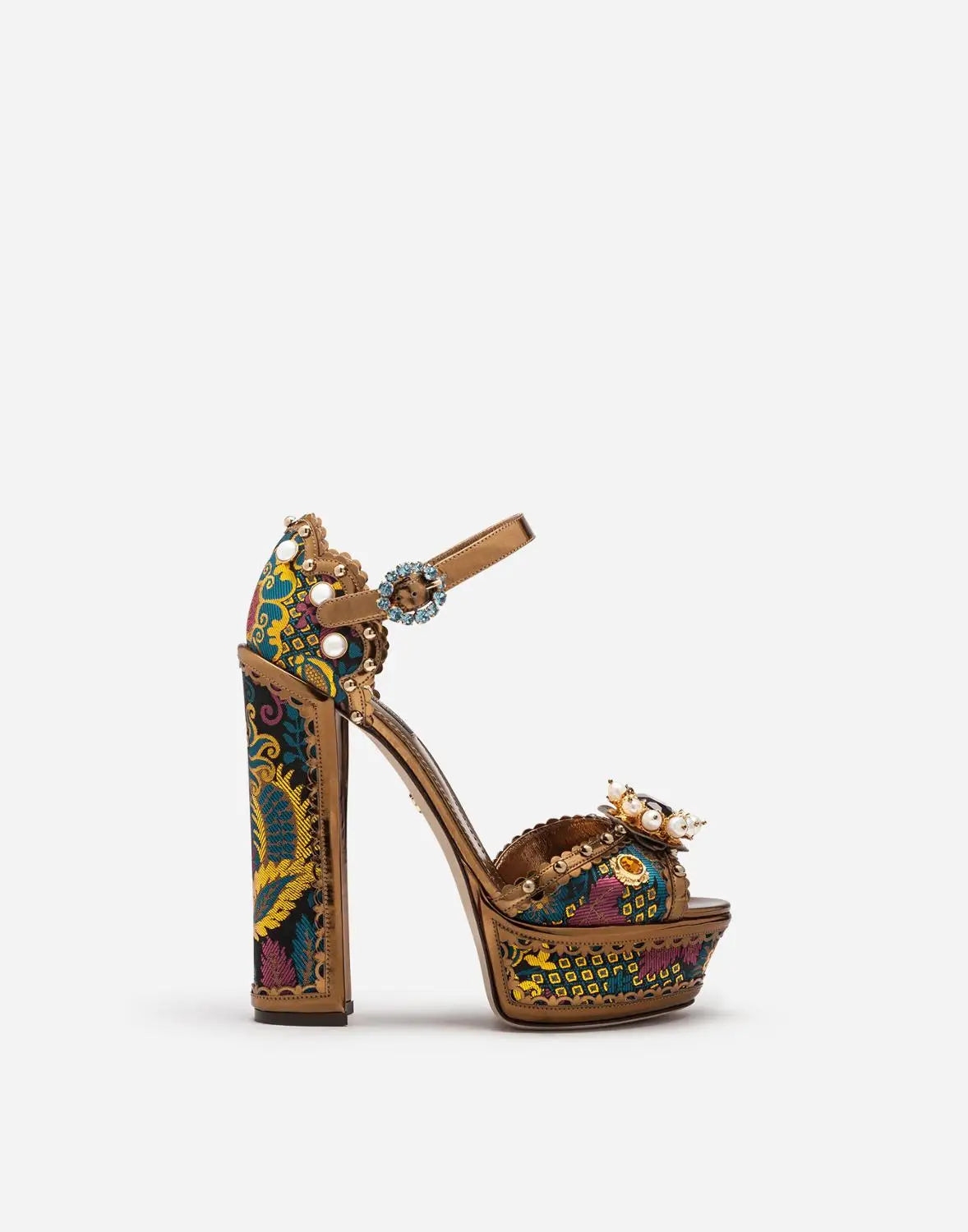 Crystal Jewelled Embroidery Platform Chunky Heels Rhinestone Pearl Luxury