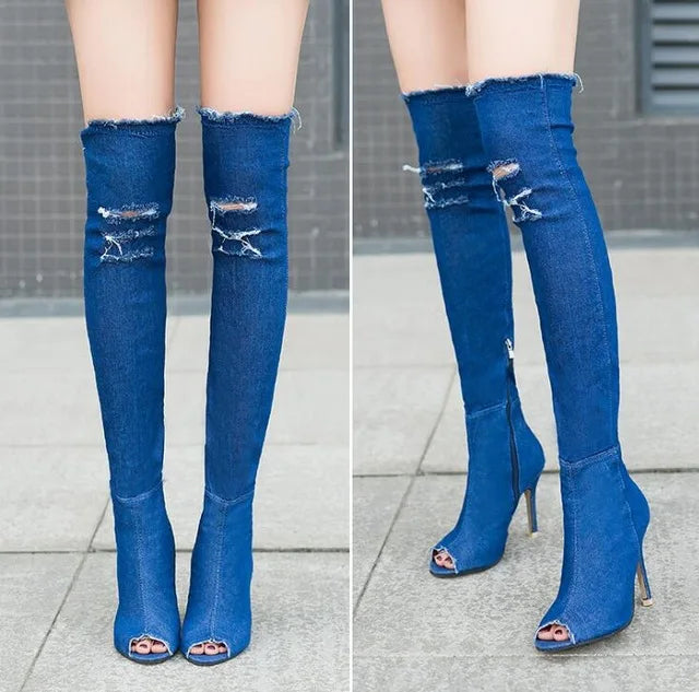 Denim Tassel Thigh High Heeled Boots