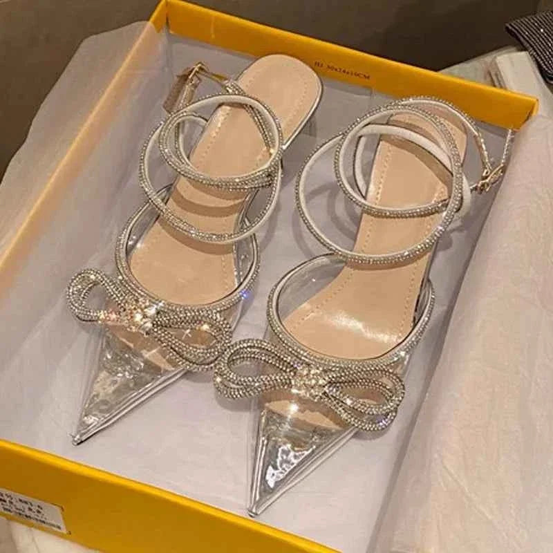 2026 New Fashion Glitter Rhinestones Women Pumps Crystal Bowknot Silk Pointed Toe Buckle Strap Thin High Heels