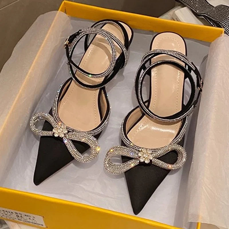 2026 New Fashion Glitter Rhinestones Women Pumps Crystal Bowknot Silk Pointed Toe Buckle Strap Thin High Heels