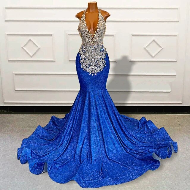 Blue Mermaid Glitter Beading Prom Dress
