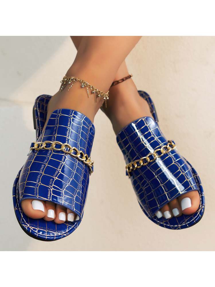 Crocodile Print Metal Chain Flat Heel Slippers
