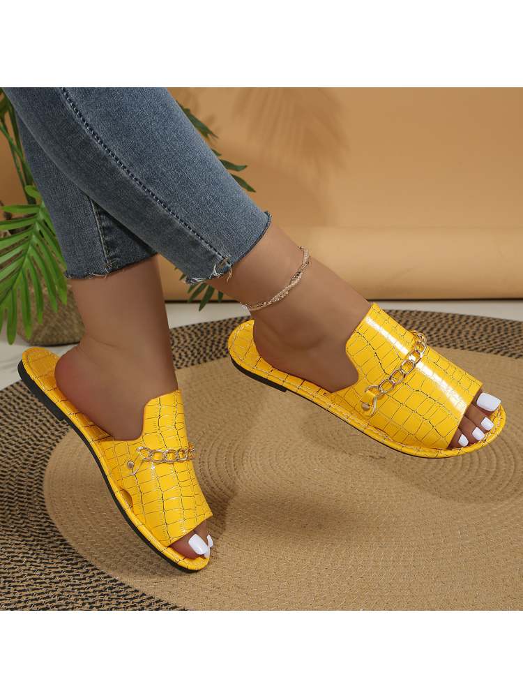 Crocodile Print Metal Chain Flat Heel Slippers