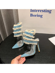 Denim PVC Raged Hem Pointed High Heels