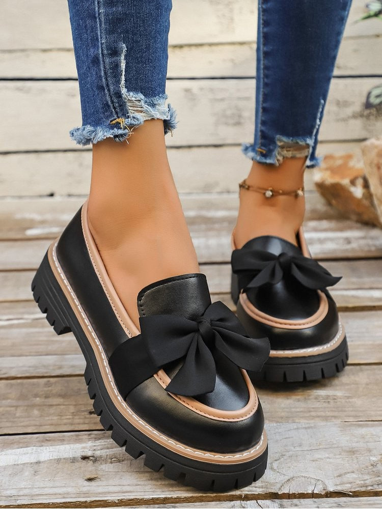 Colorblock Striped Bow Chunky Heels Flats