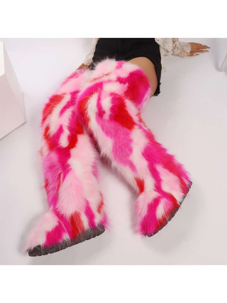 Colorblock Fur Over The Knee Snow Boots