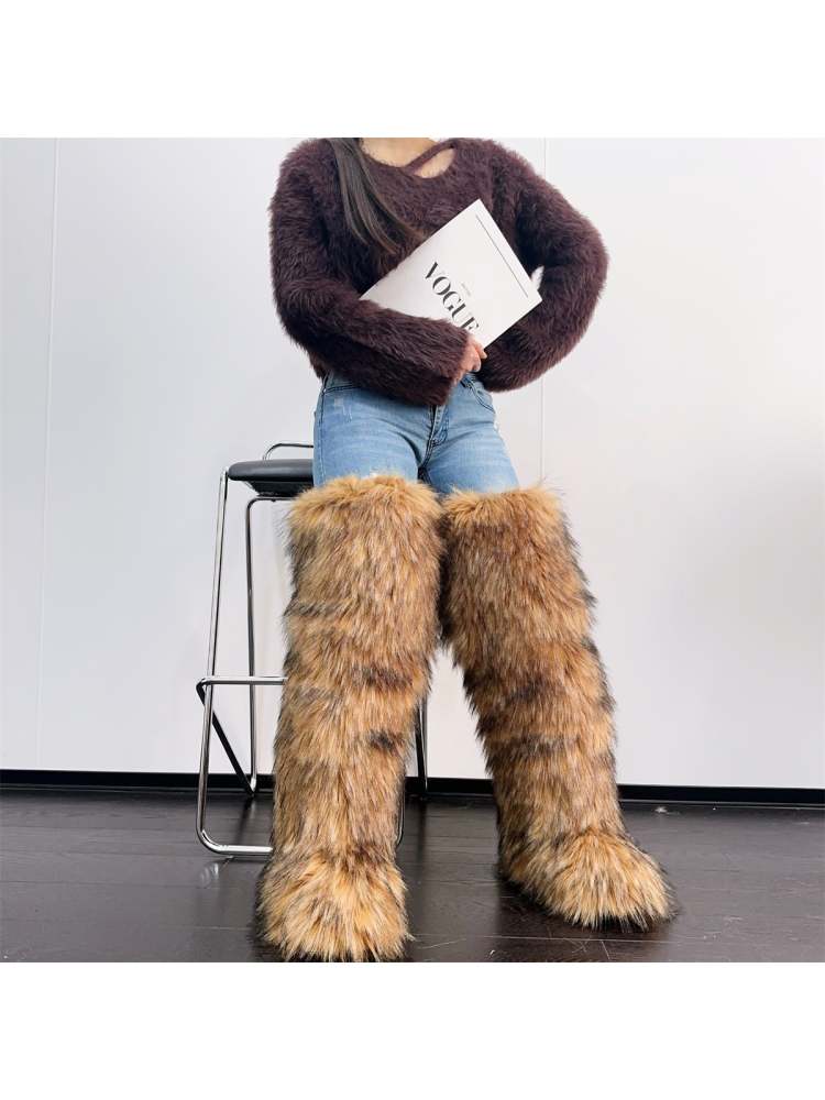 Colorblock Flat Heel Over-the-Knee Fur Boots
