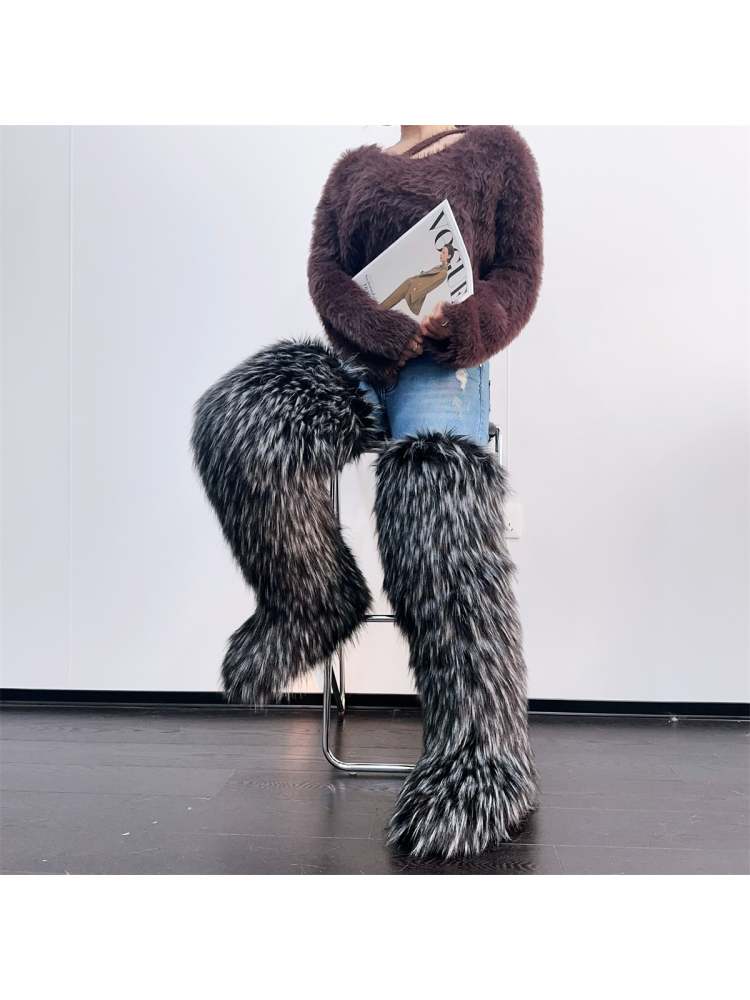 Colorblock Flat Heel Over-the-Knee Fur Boots