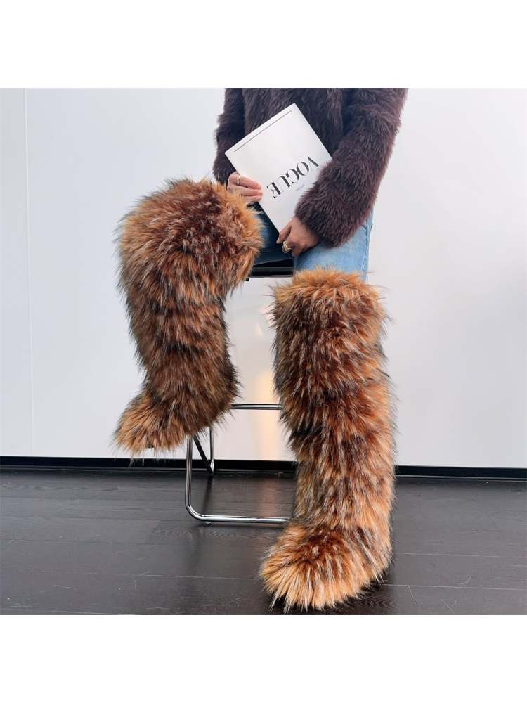 Colorblock Flat Heel Over-the-Knee Fur Boots