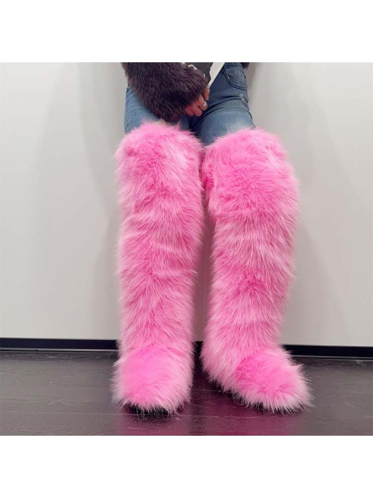 Colorblock Flat Heel Over-the-Knee Fur Boots