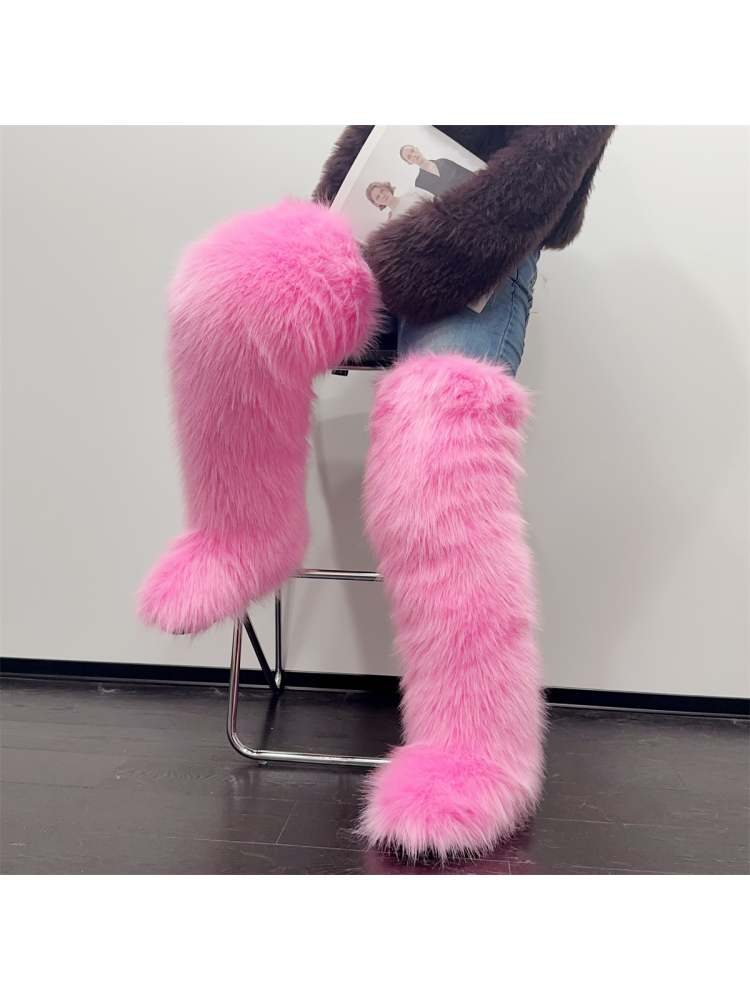 Colorblock Flat Heel Over-the-Knee Fur Boots