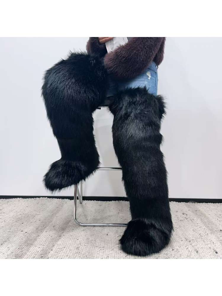 Colorblock Flat Heel Over-the-Knee Fur Boots