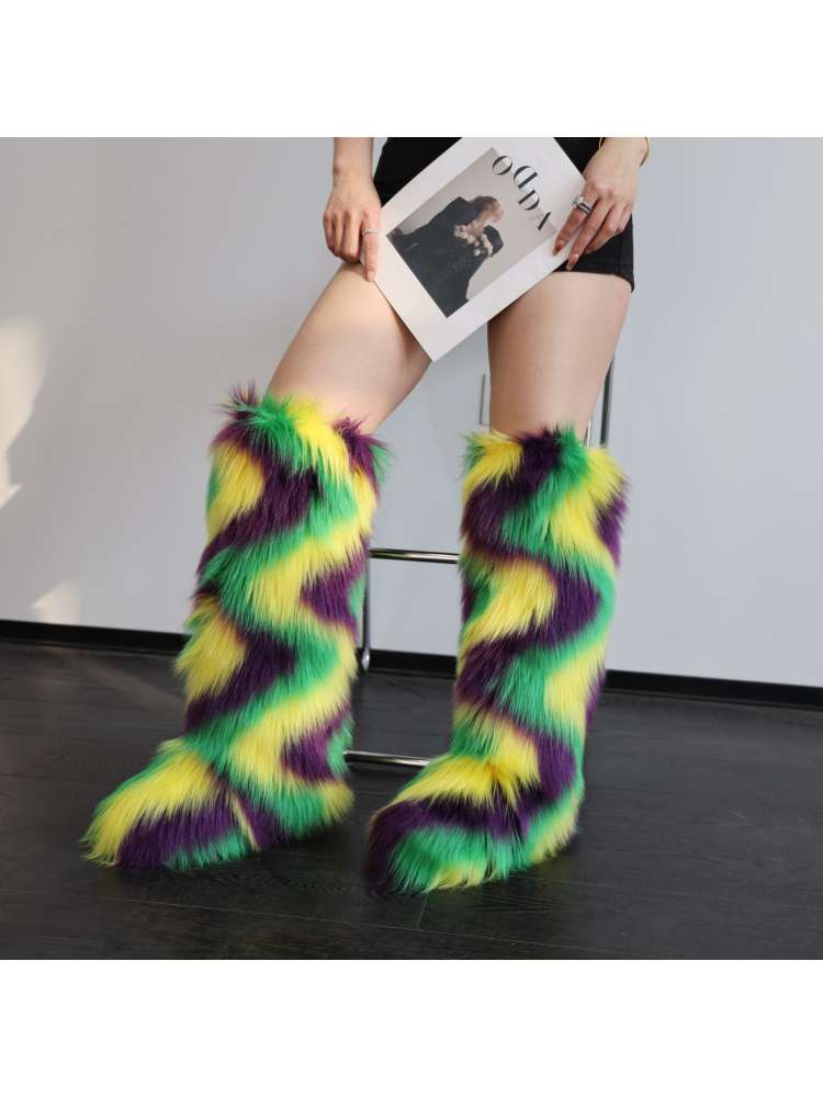 Colorblock Ripple Knee-High Fur Boots