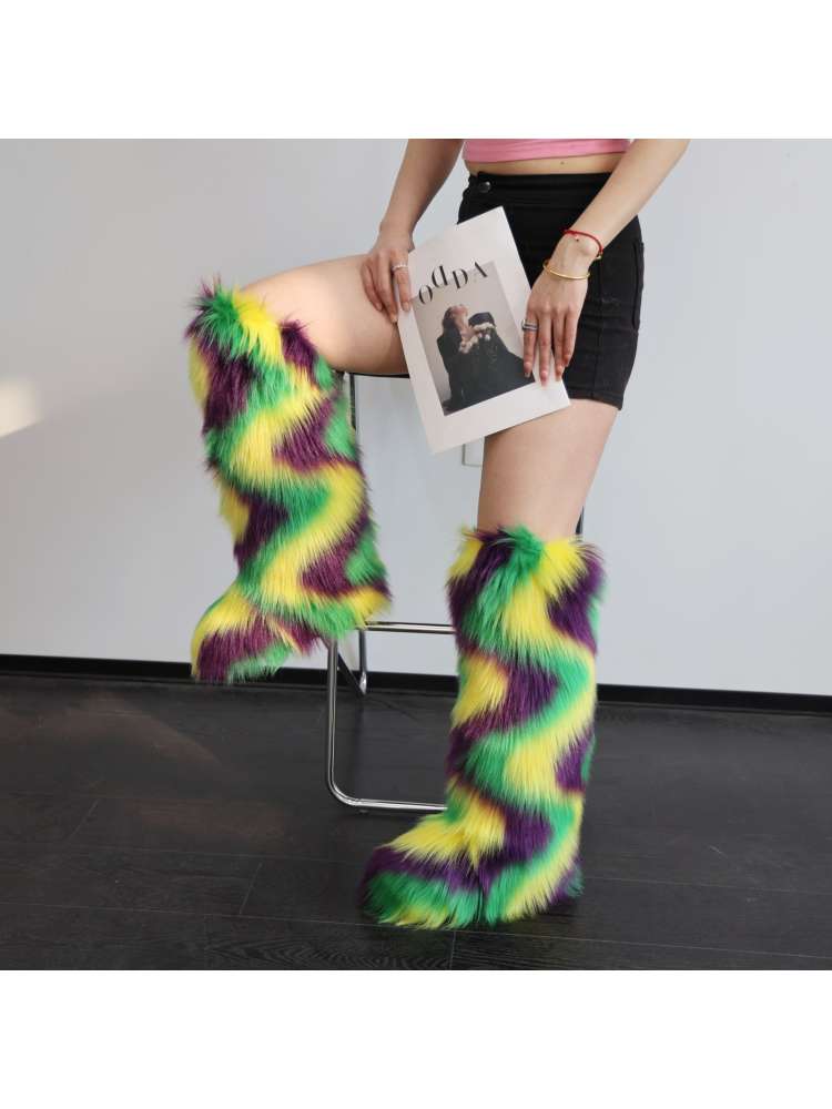 Colorblock Ripple Knee-High Fur Boots