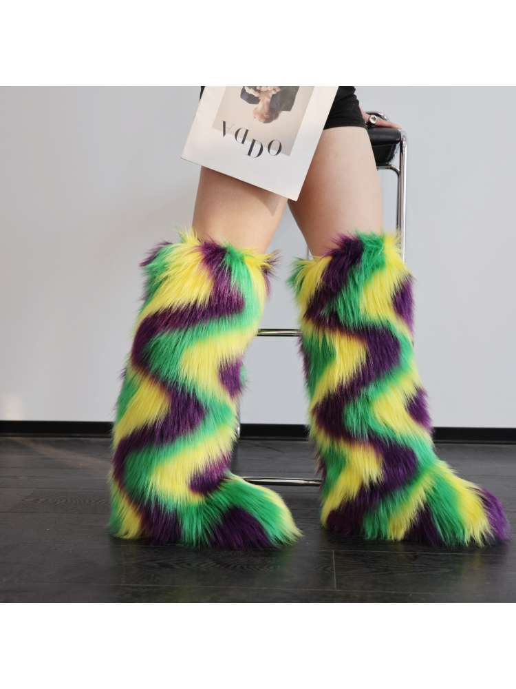 Colorblock Ripple Knee-High Fur Boots