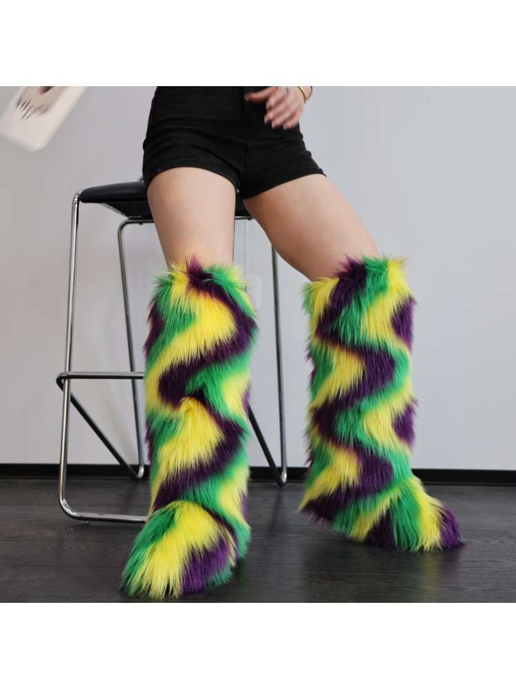 Colorblock Ripple Knee-High Fur Boots