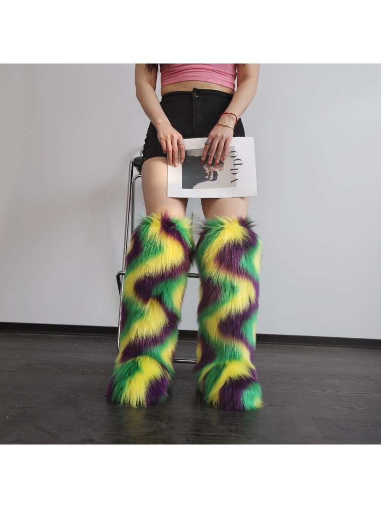 Colorblock Ripple Knee-High Fur Boots