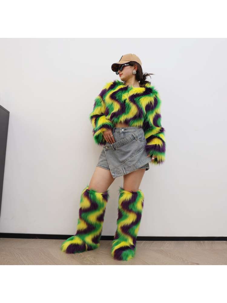Colorblock Ripple Knee-High Fur Boots