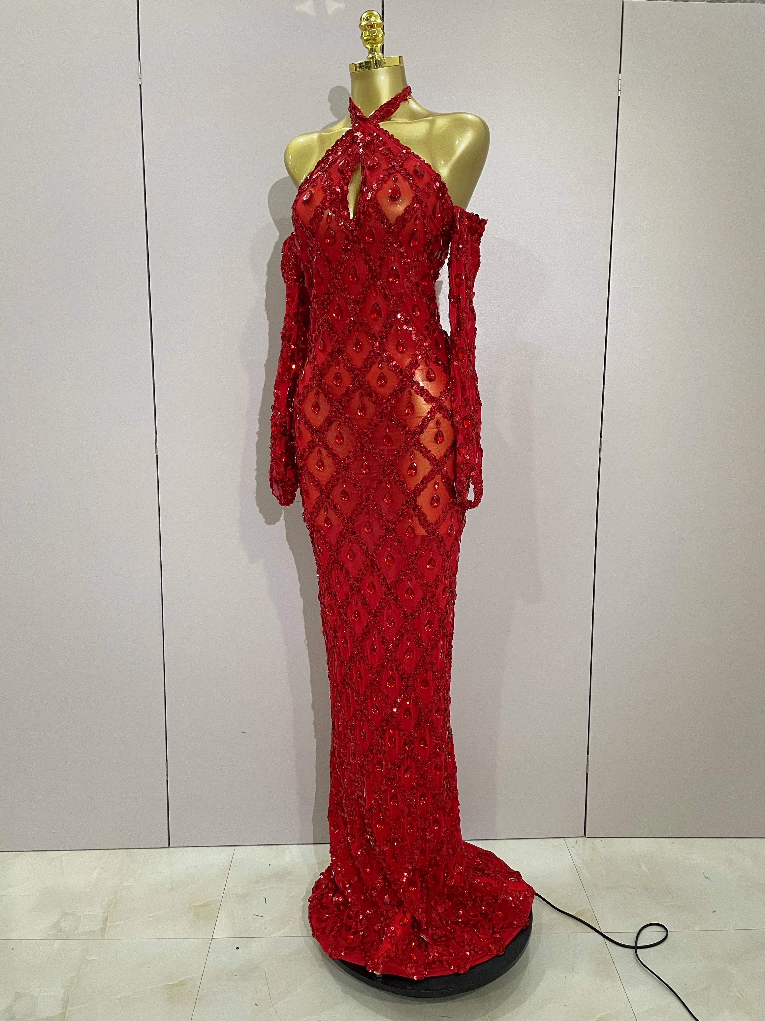 Avery Sparkly Rhinestones Halter Mesh Long Dress With Gloves