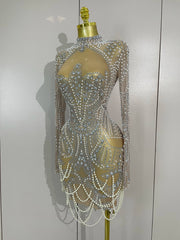Brenda Short Mesh Dress With Pearls and Sparkling Diamonds - Ready to Ship