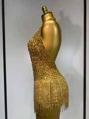Angie See Through Stretch Gold Rhinestone Dress
