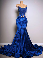 Blue Velvet Strapless Lace-Up Corset Mermaid Prom Dress