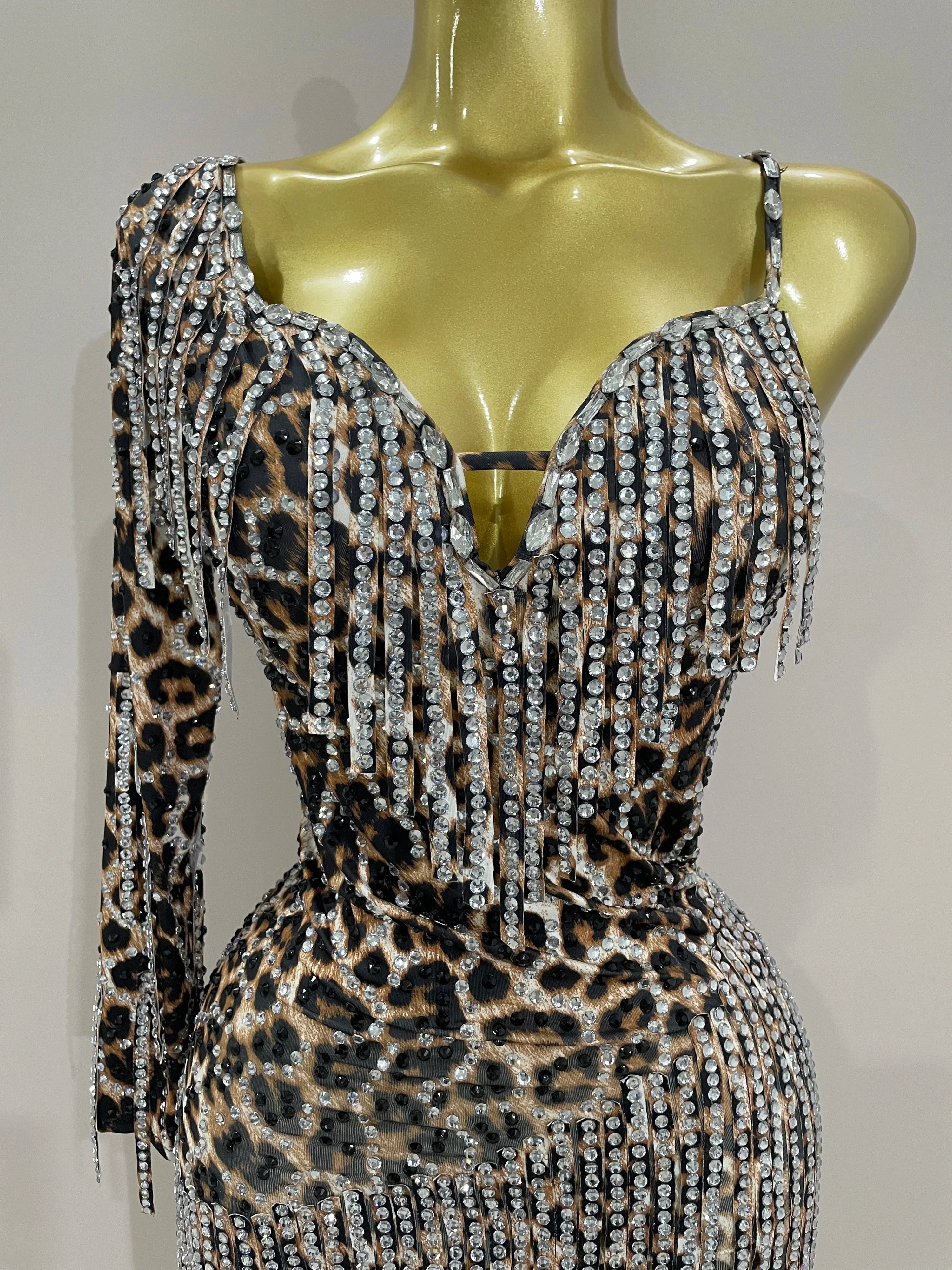 Daniela One-Shoulder Leopard Print Rhinestone Tassel Mini Dress