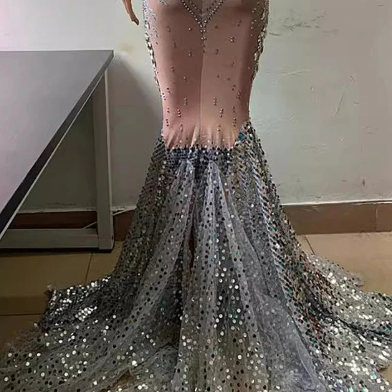 Bright Crystal Sequins Elegant Fishnet Prom Dress