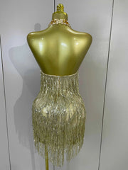 Aaliyah Gold Diamond Mesh Tassel Bodycon Mini Dress