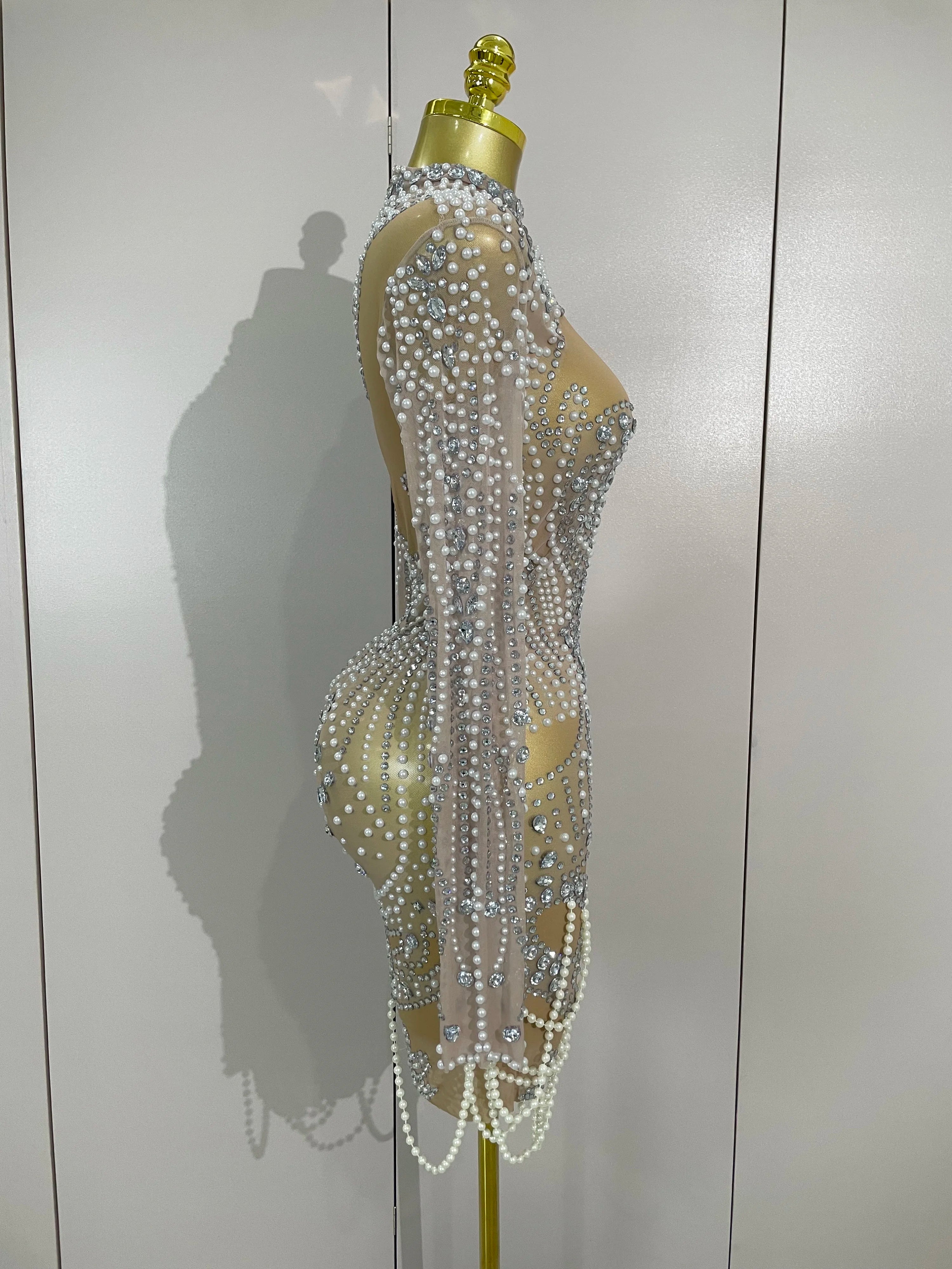Brenda Short Mesh Dress With Pearls and Sparkling Diamonds - Ready to Ship