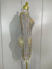 Brenda Short Mesh Dress With Pearls and Sparkling Diamonds - Ready to Ship