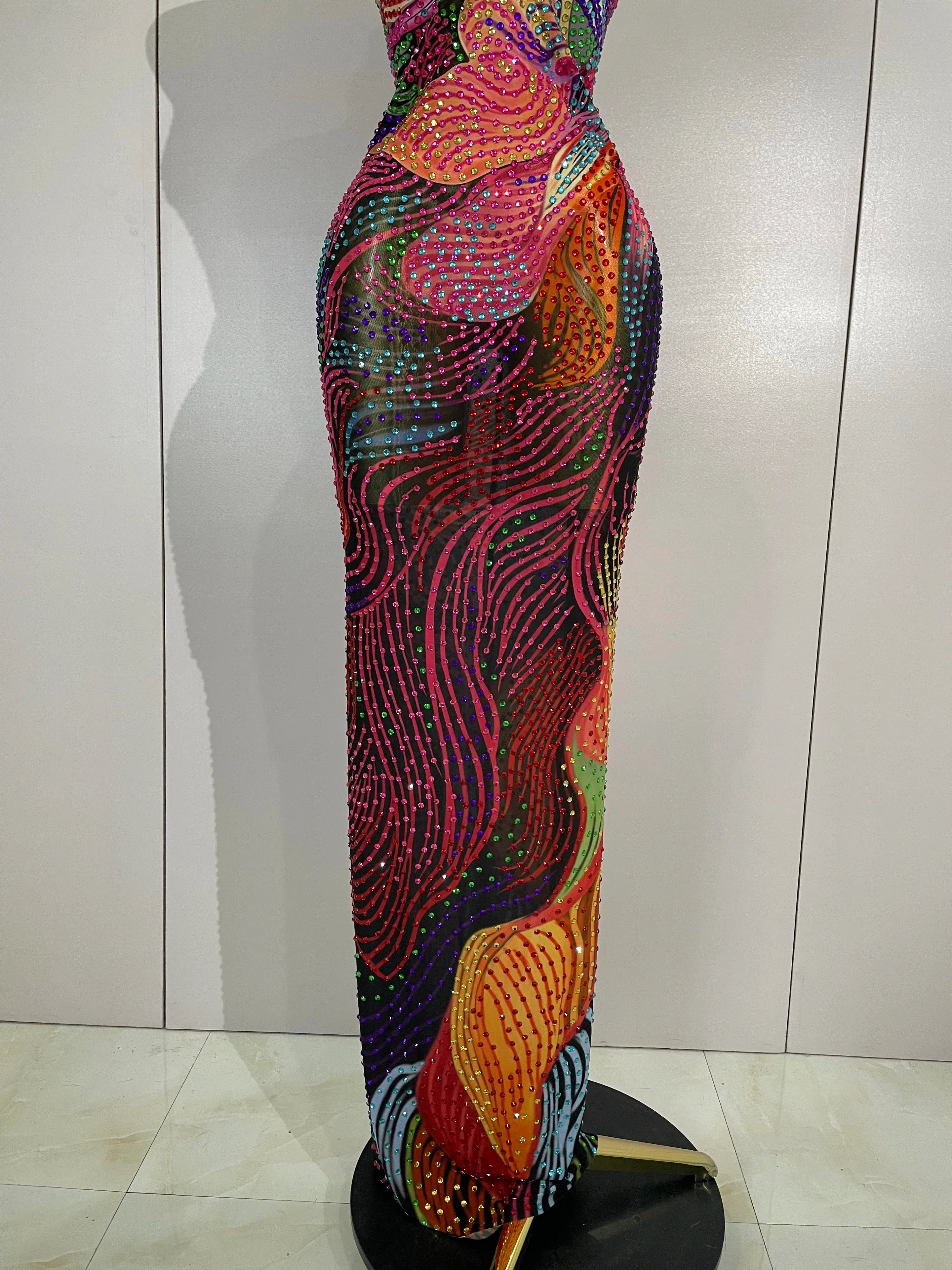 Aviana Colorful Halter Rhinestone Print Long Dress