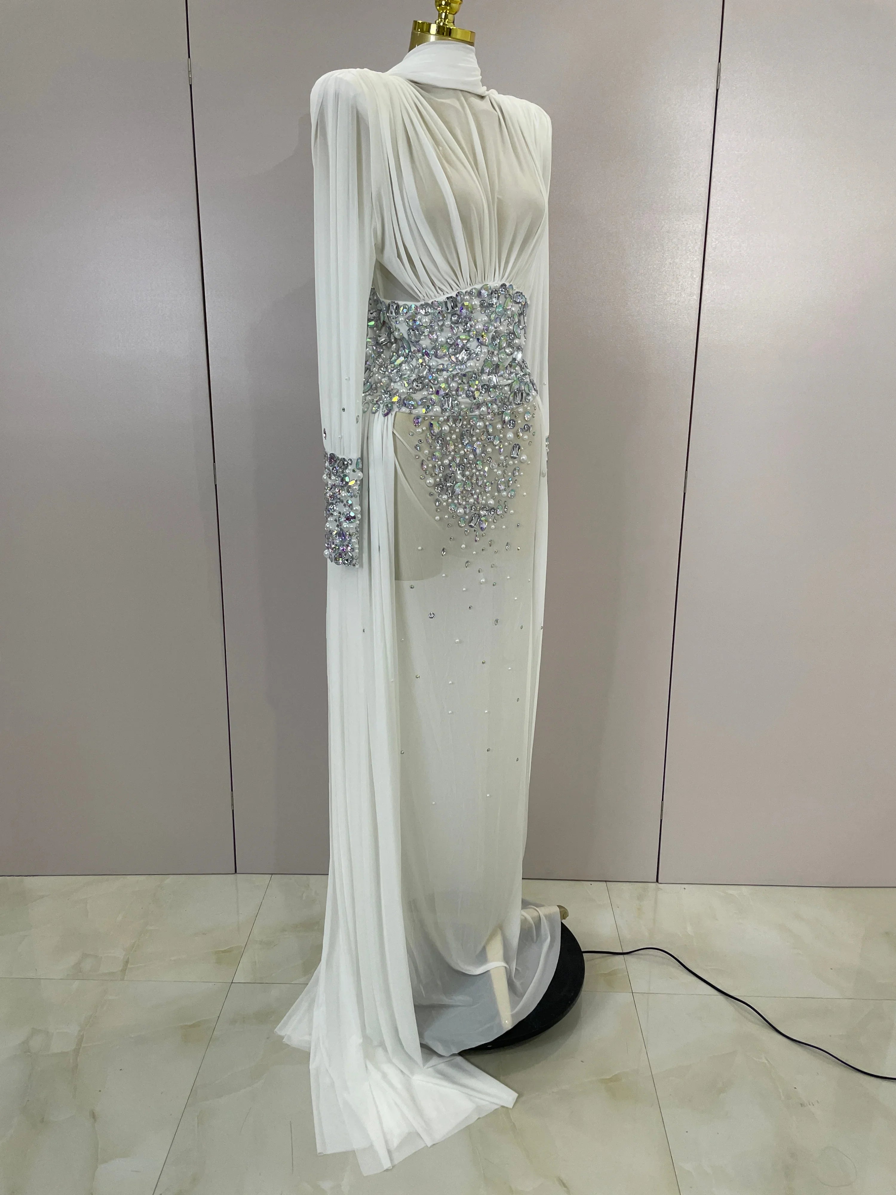 Dana White Diamond Mesh Long Sleeve Abaya Maxi Dress