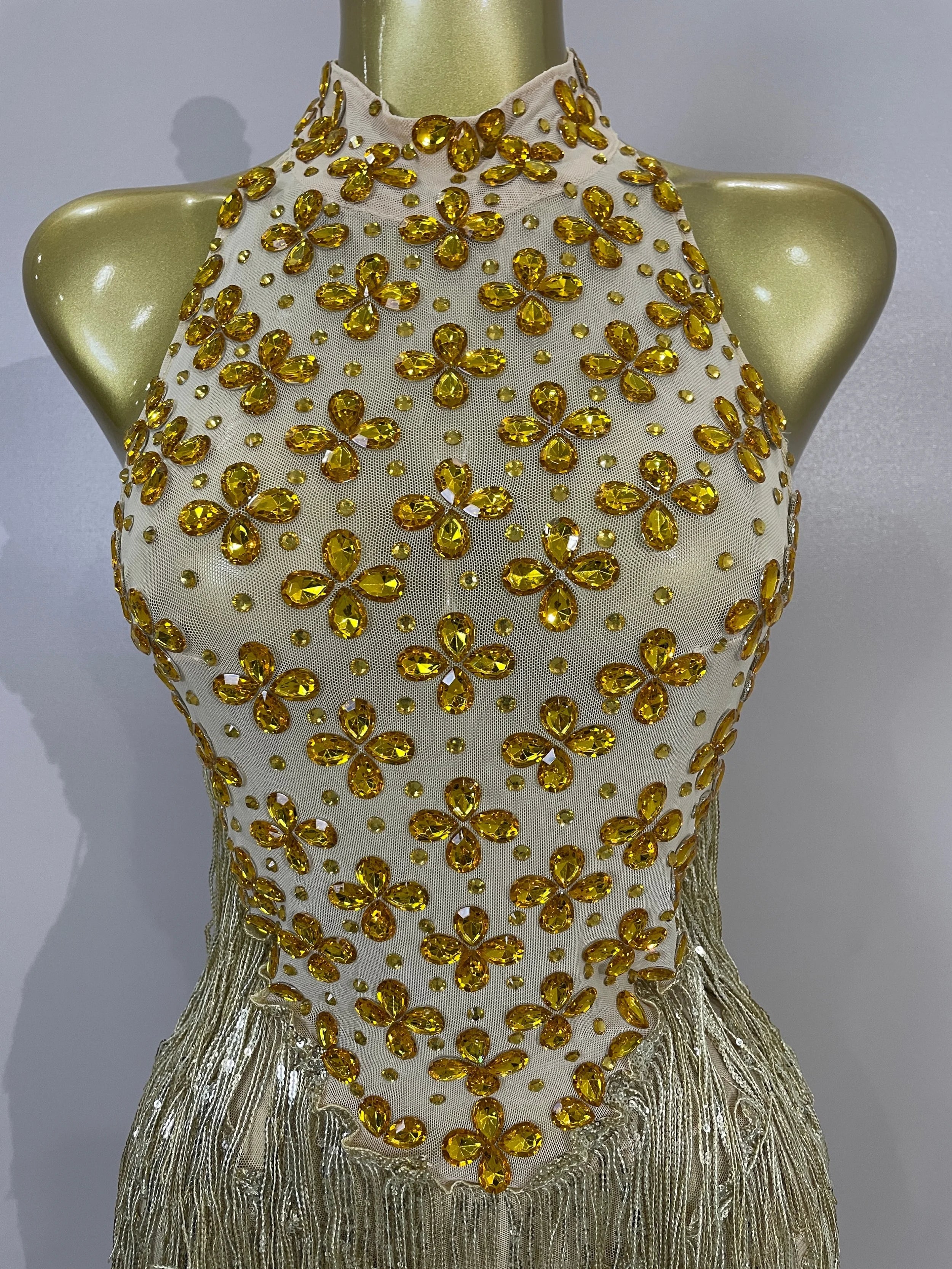 Aaliyah Gold Diamond Mesh Tassel Bodycon Mini Dress