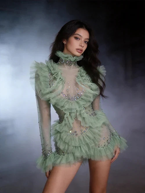 Channel Mint Color Long Sleeve Mesh Ruffles Shining Sequins Bodycon Mini Dress
