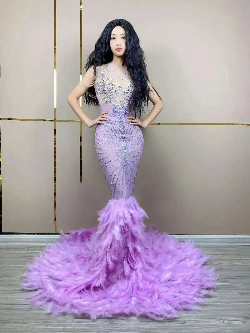 Chanel Sparkly Purple Rhinestone Feather Prom Dress