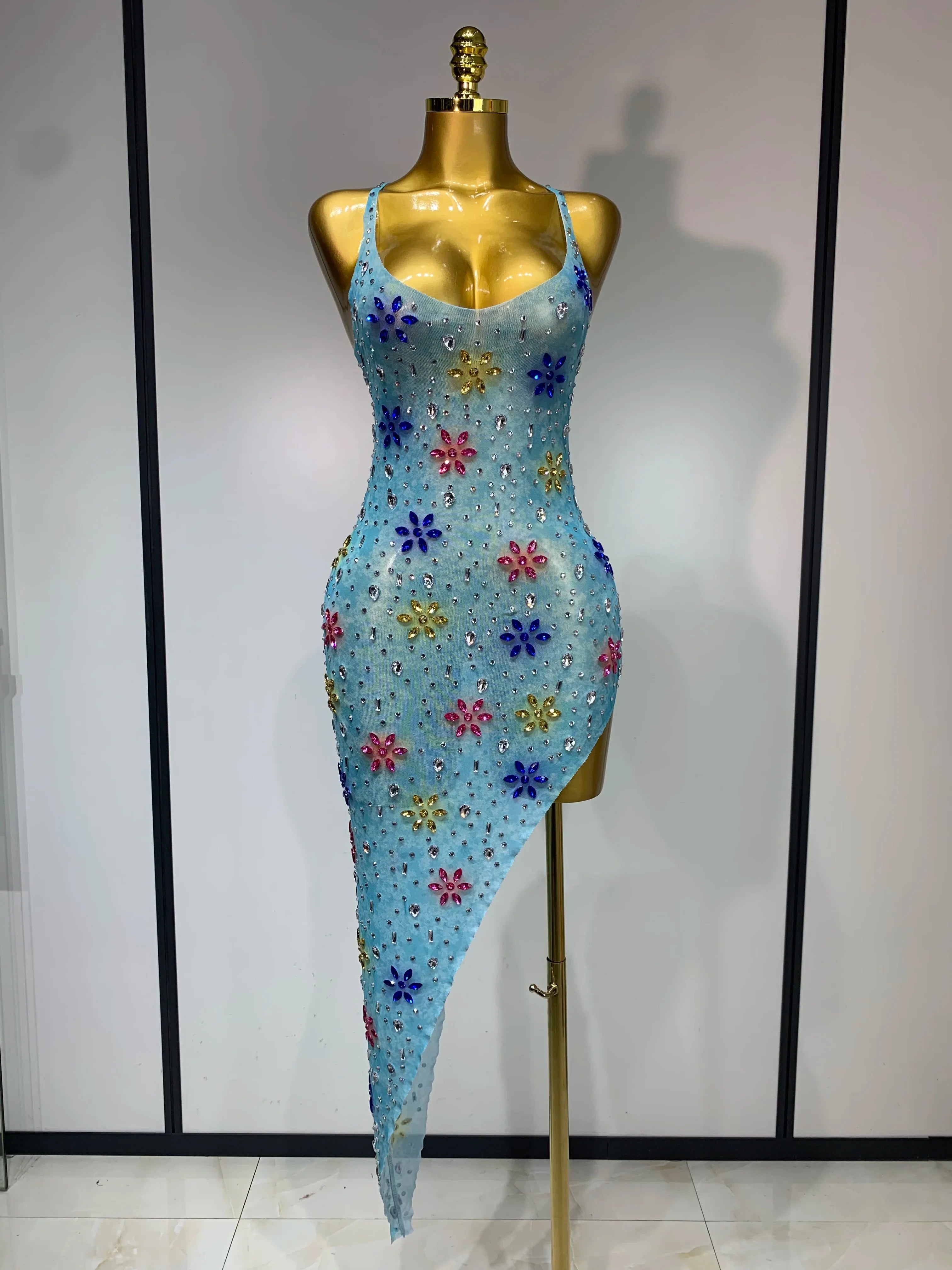 A'Riah Sexy Mesh High Split Sparkly Diamonds See Through Dress