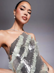 Arya Starry Silver Sequin Backless Dress with Ruffle Mesh Details