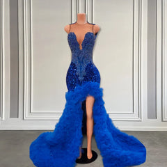 Blue Crystals Bodice Luxury Tiered Ruffle Sexy High Slit Prom Dress