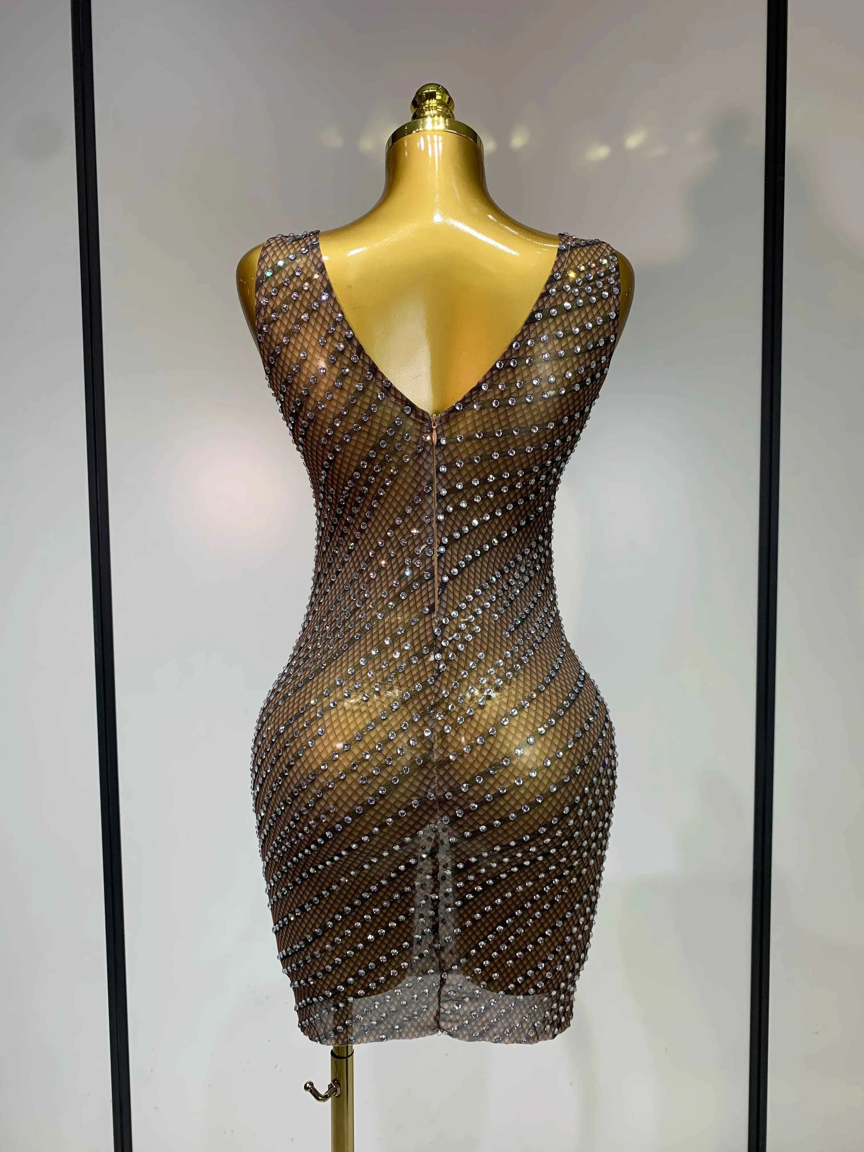 Daisy Sparkly Rhinestone Sheer Bodycon Mini Dress for Women