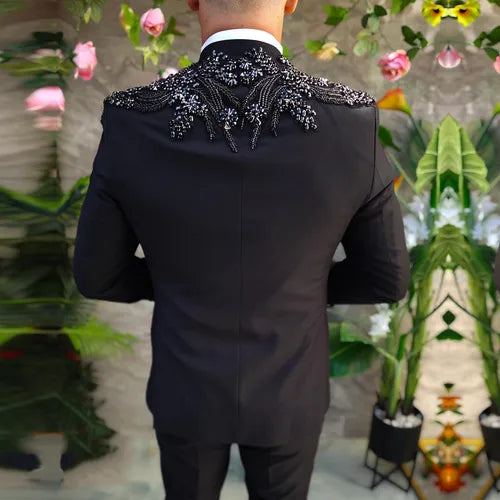Black Beaded Gemstone Appliqué Men's Tuxedo