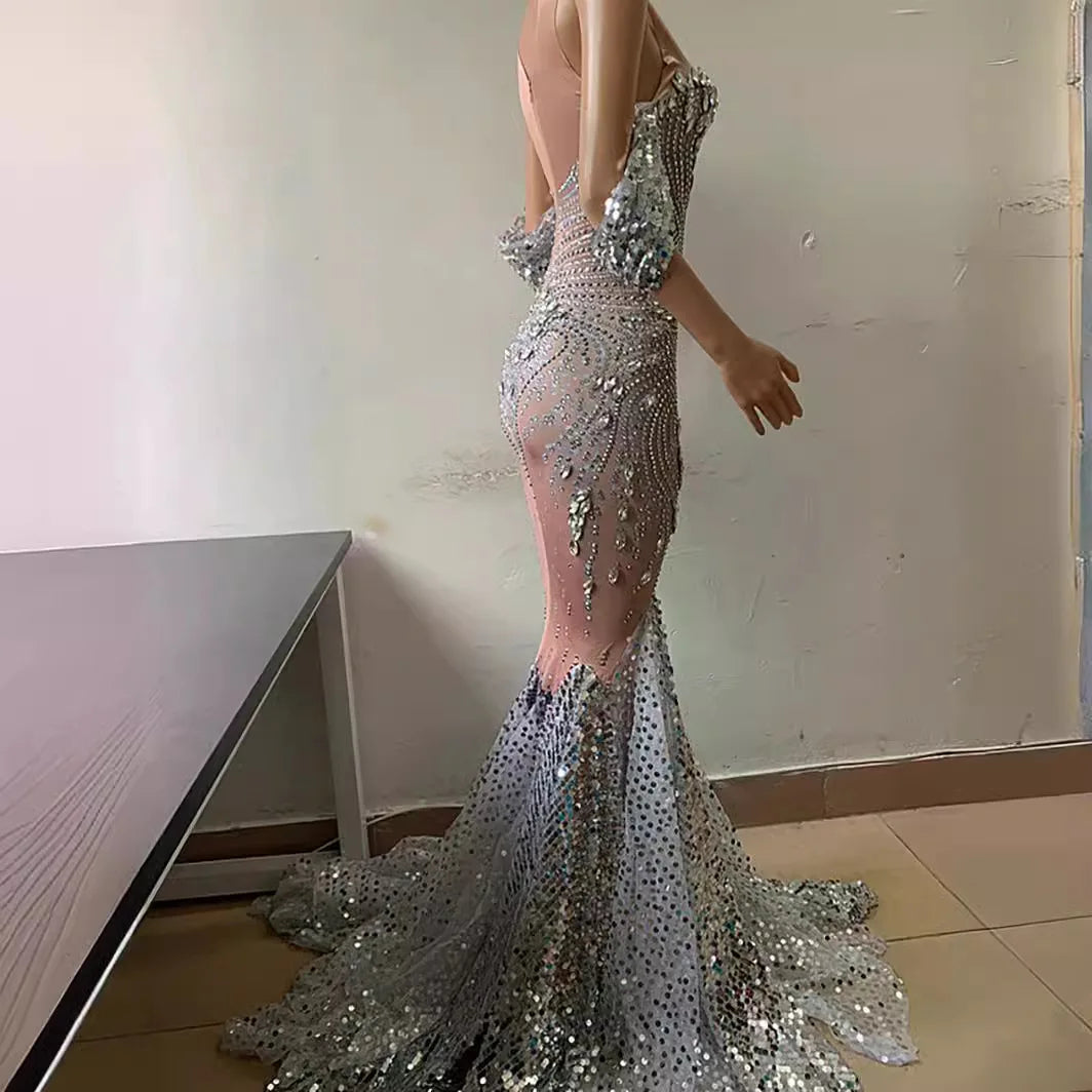 Bright Crystal Sequins Elegant Fishnet Prom Dress