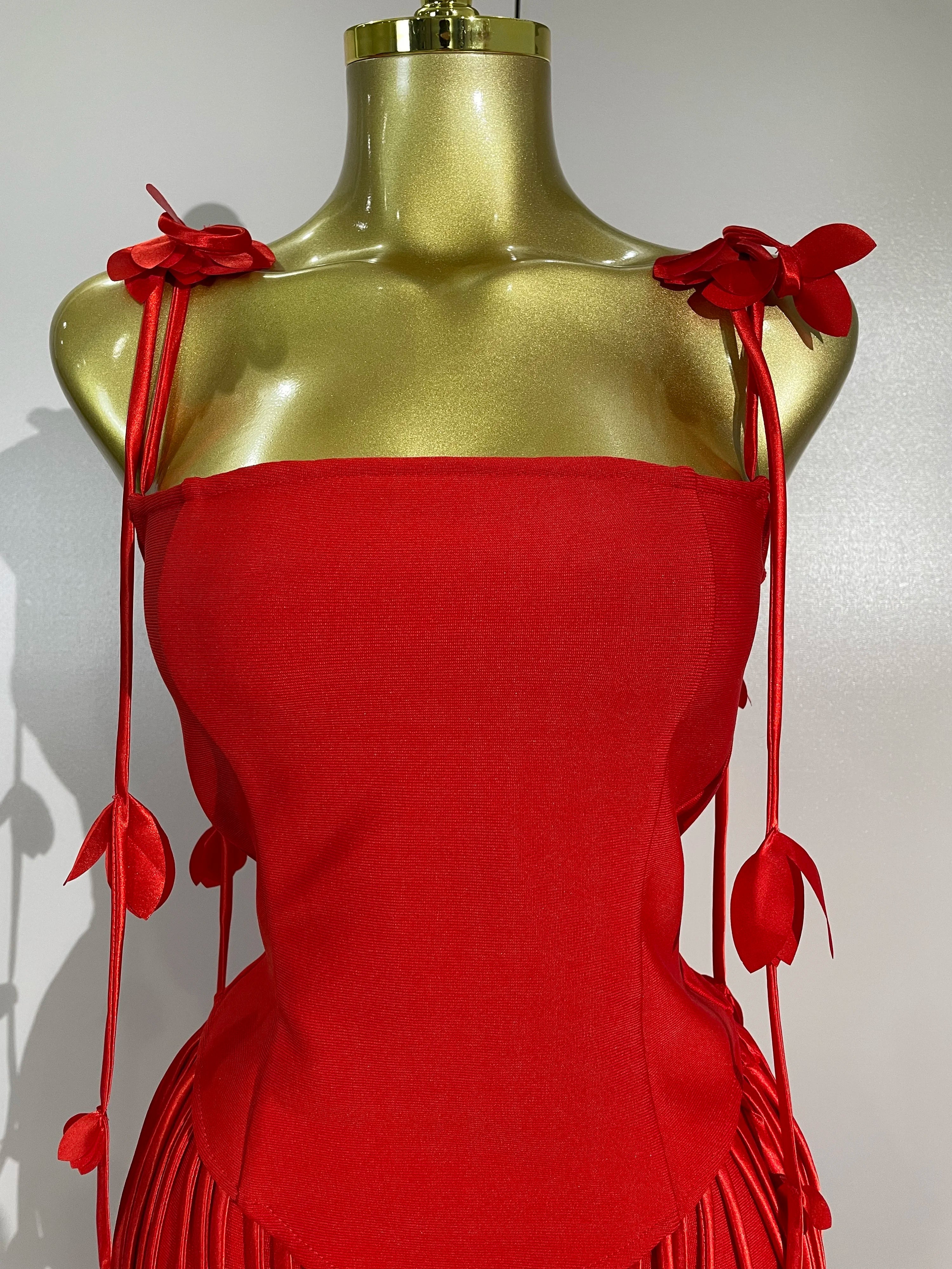 Carmie Elegant Red Strapless Sexy Long Tassel Bandage Dress