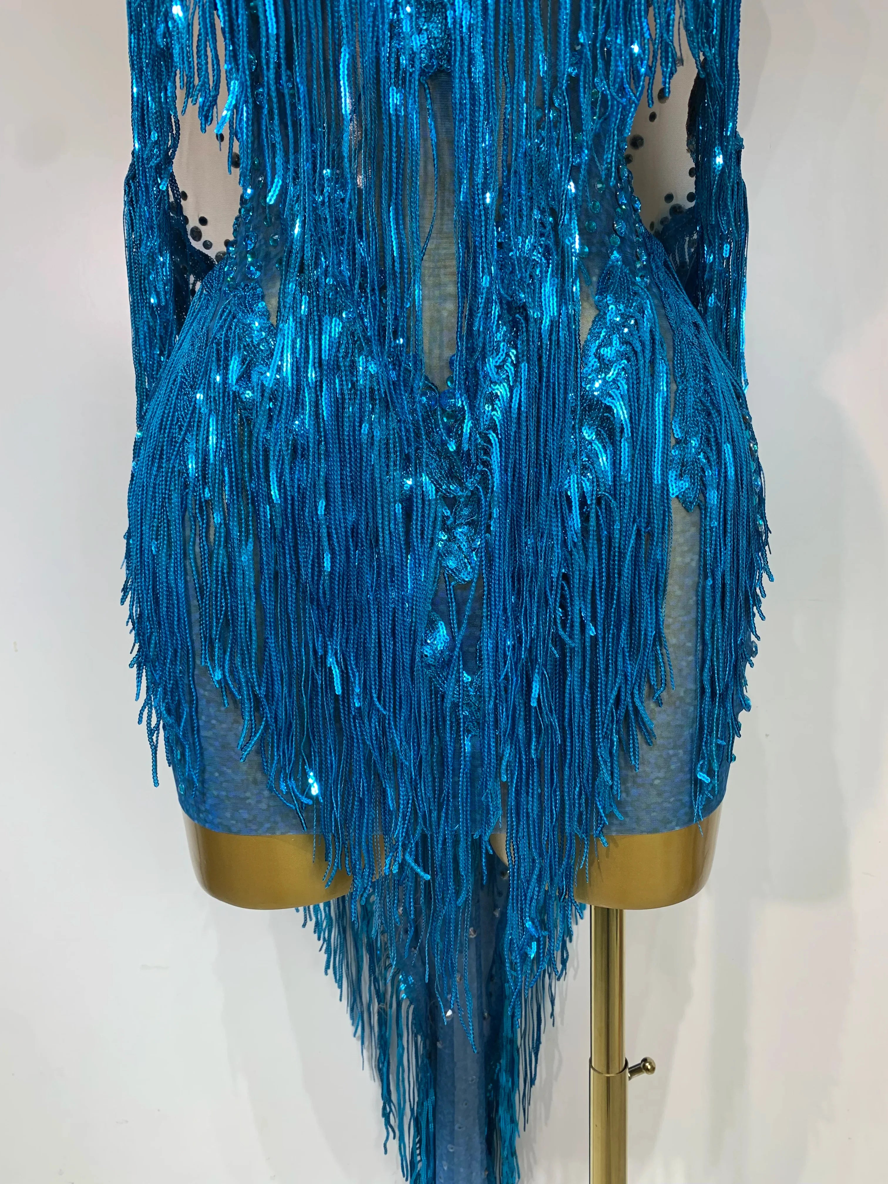Carlene Blue Rhinestone Tassel See-Through Mesh Birthday Dress