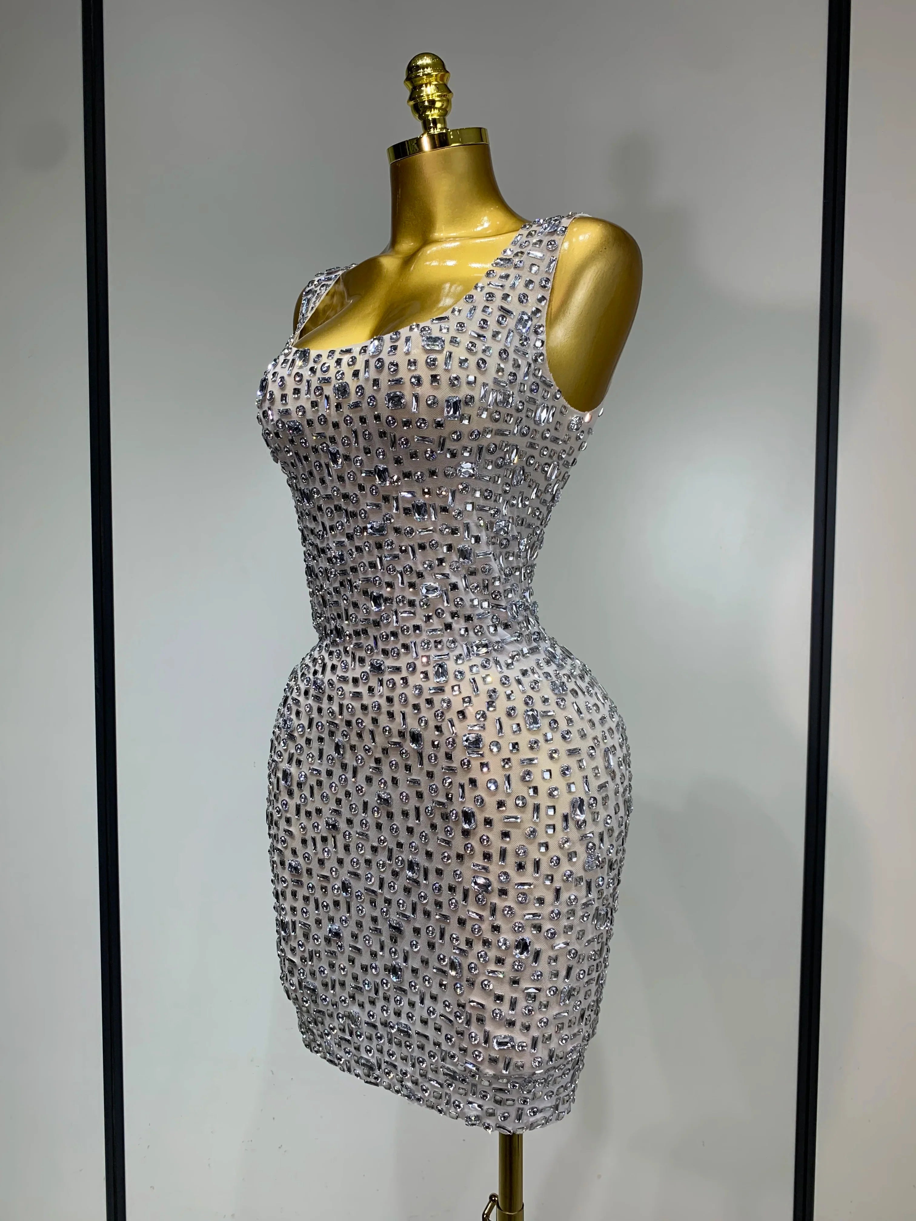 Carole Luxury Sparkly Rhinestone Sexy Mesh See-Through Short Dress