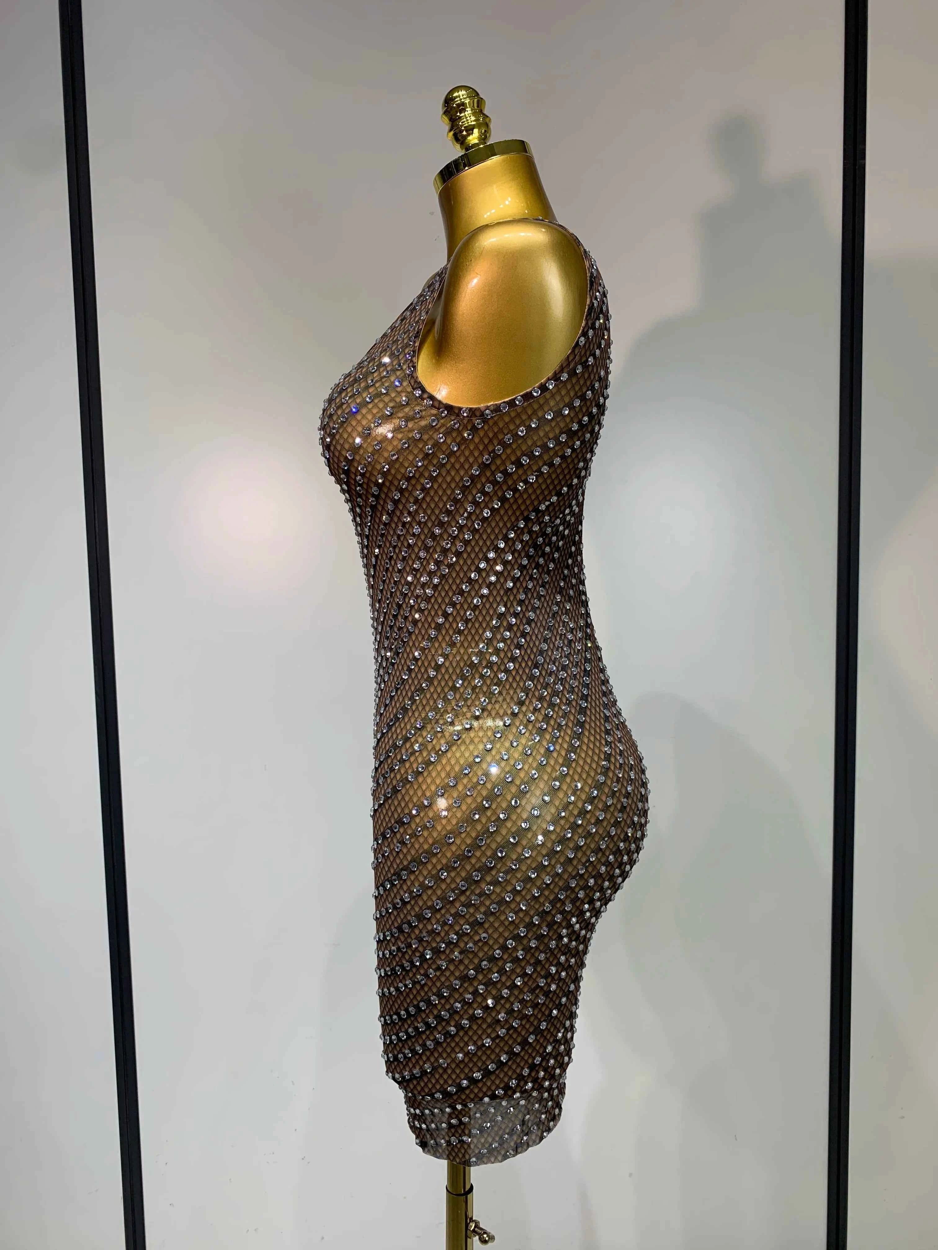 Daisy Sparkly Rhinestone Sheer Bodycon Mini Dress for Women
