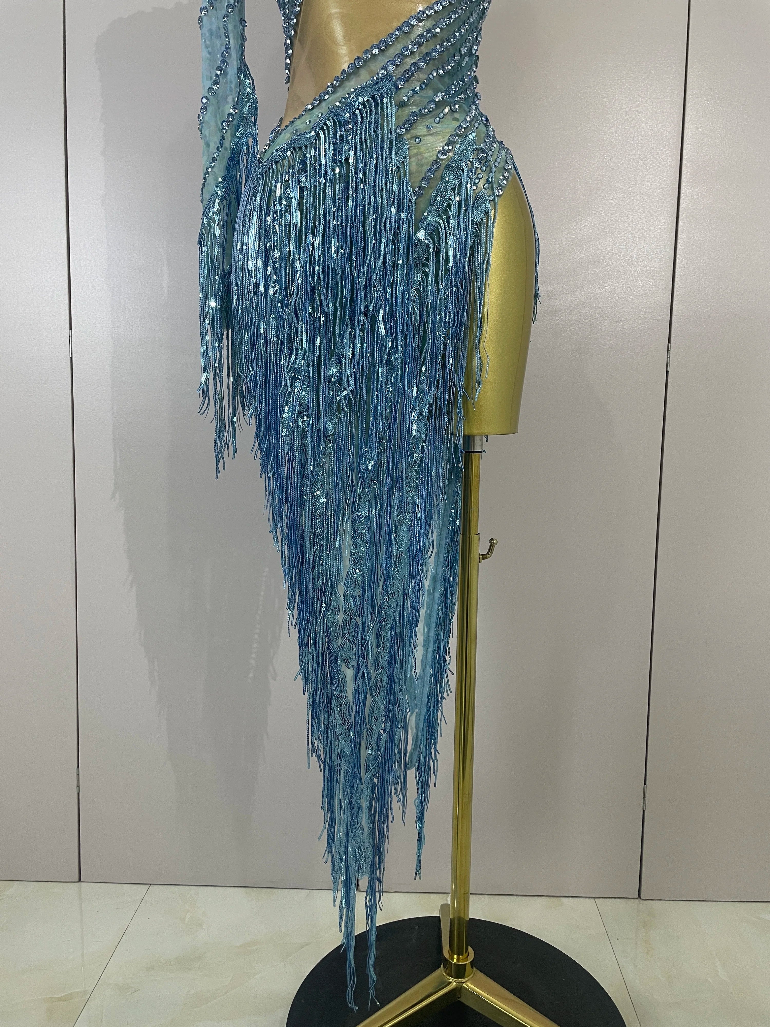 Ailanny  Sparkly Diamond Blue Rhinestone Mesh One Shoulder Tassel Dress