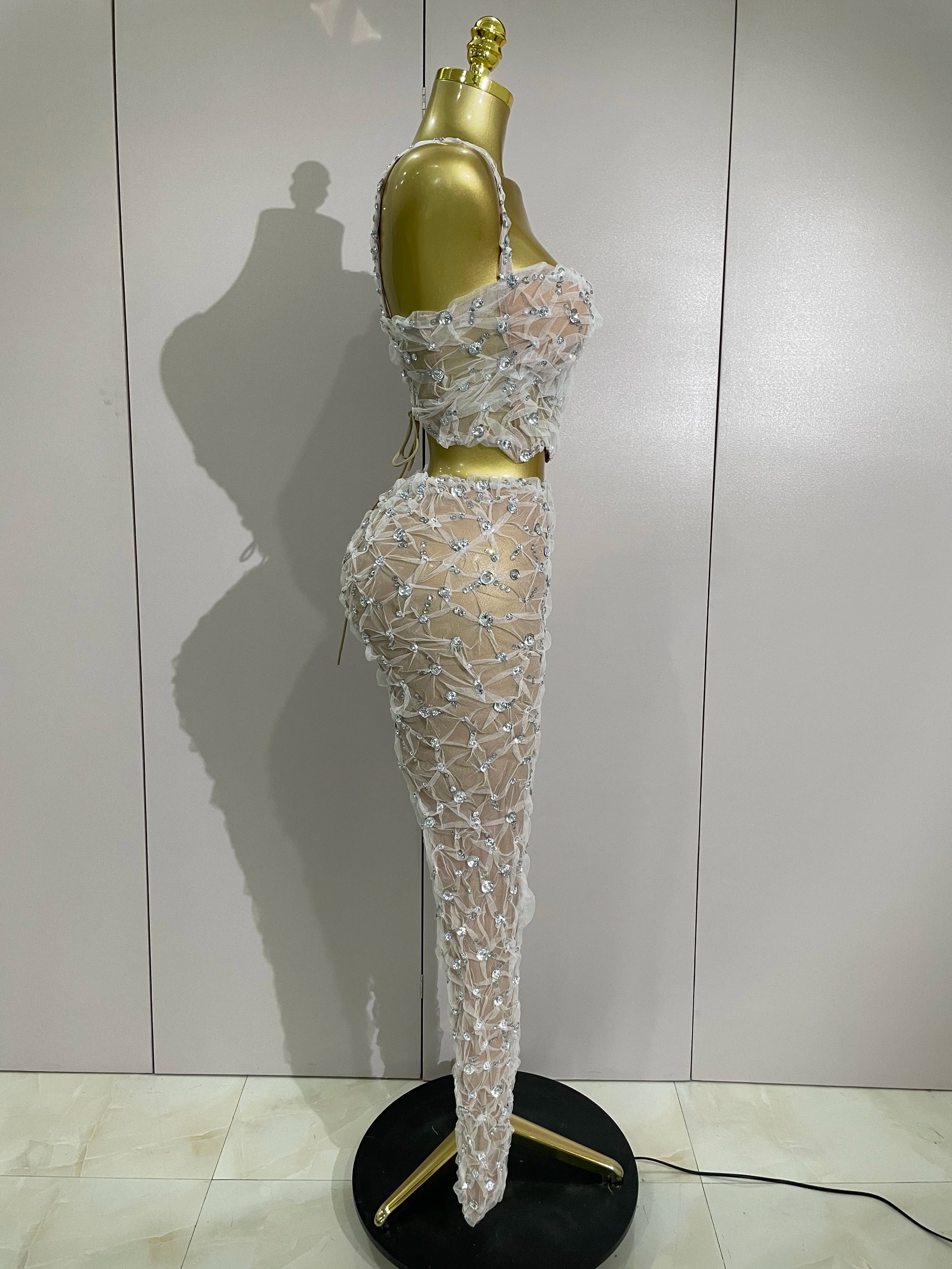 Diane Sparkly Rhinestone Lace Halter Top & Wide-Leg Pants Two-Piece Set